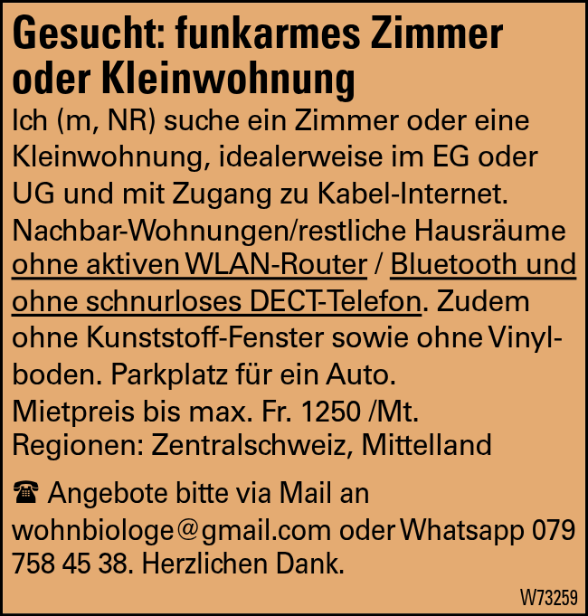 Gesucht: funkarmes Zimmer oder Kleinwohnung