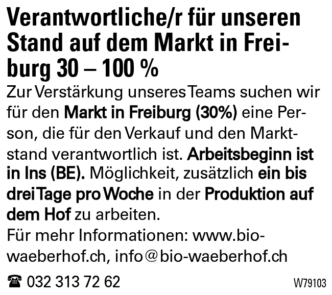 Verantwortliche/r für unseren Stand auf dem Markt in Freiburg  30 – 100 %